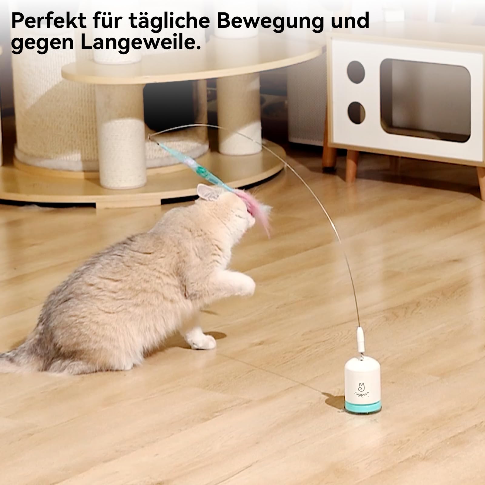 Migipaws Interaktives Katzenspielzeug mit starkem Saugnapf, 70 cm flexiblem Draht und DIY Biegedesign, Katzenangel mit Federn & Auto-Timer, Katzenspielzeug selbstbeschäftigung,wiederaufladbar
