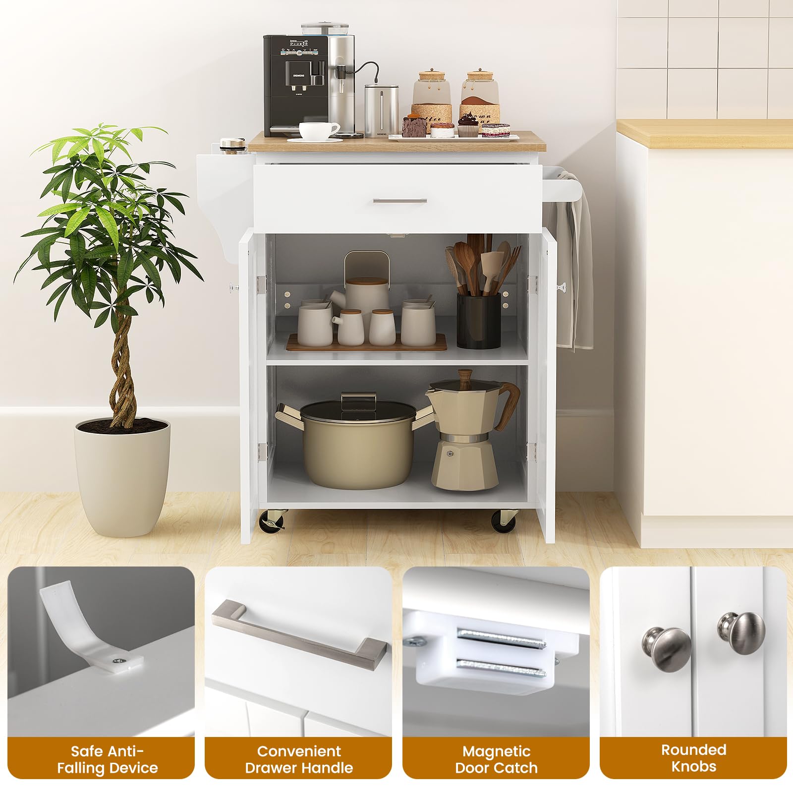 GIANTEX Carrello da cucina con piano di lavoro, carrello da portata con ruote, armadio da cucina con cassetto e ripiano regolabile, carrello da cucina con portasciugamani, mobile da cucina, in legno