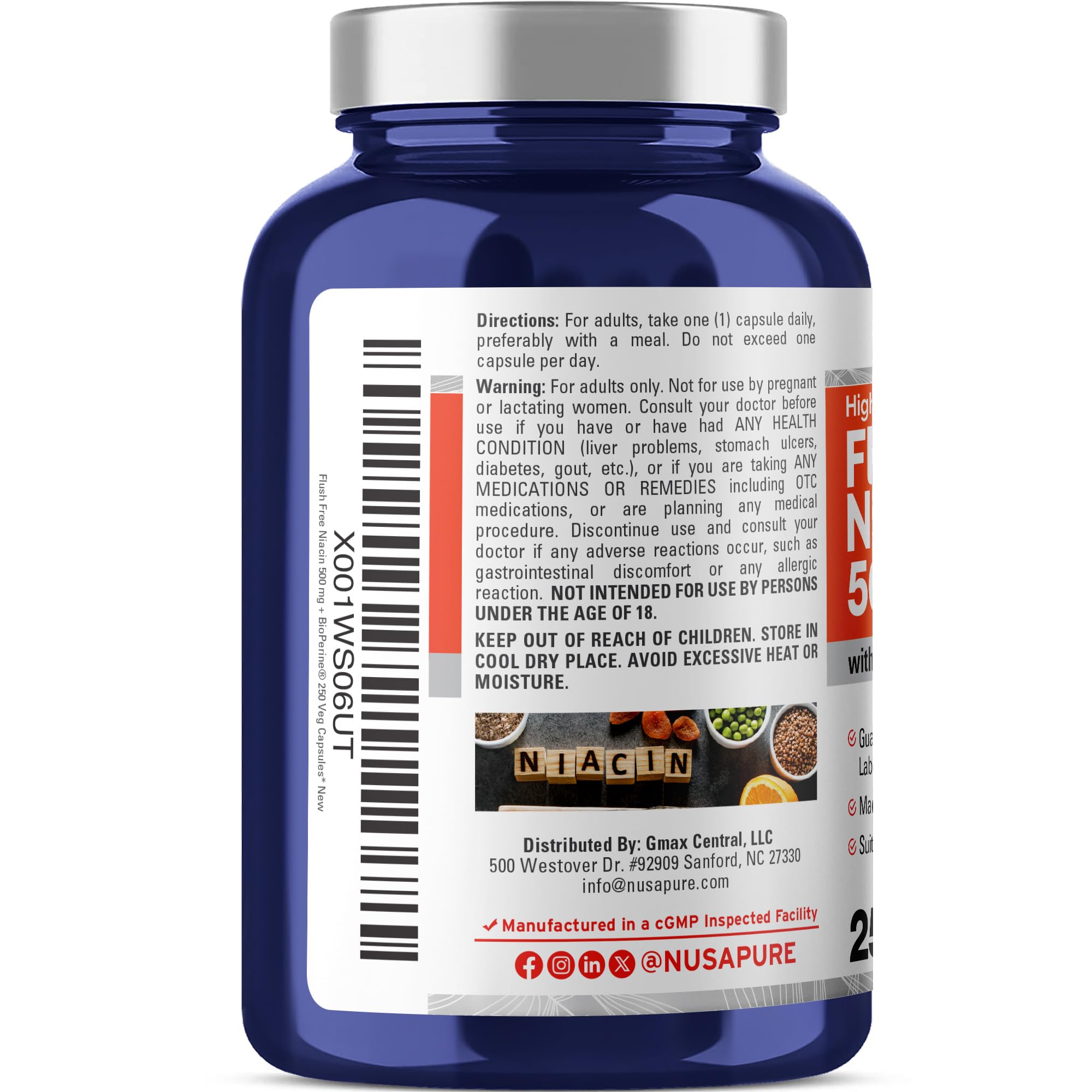 NusaPure Flush Free Niacin, Vegan 500mg, 250 Veggie Capsules - 250 Servings — Amazon image 2
