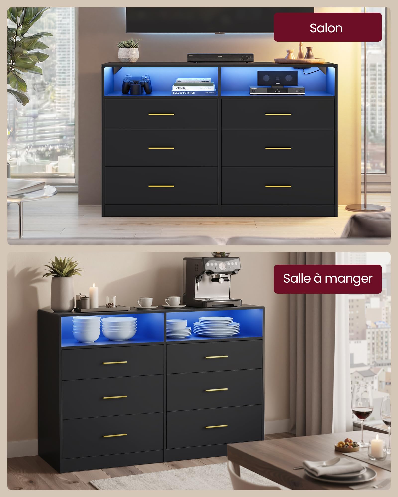 VASAGLE Custos Collection - Commode avec Éclairage LED et Multiprise Intégrée, Armoire de Rangement Moderne, pour Salon, Chambre, 6 Tiroirs, 40 x 119 x 81,2 cm, Noir d'encre LTS316BC01