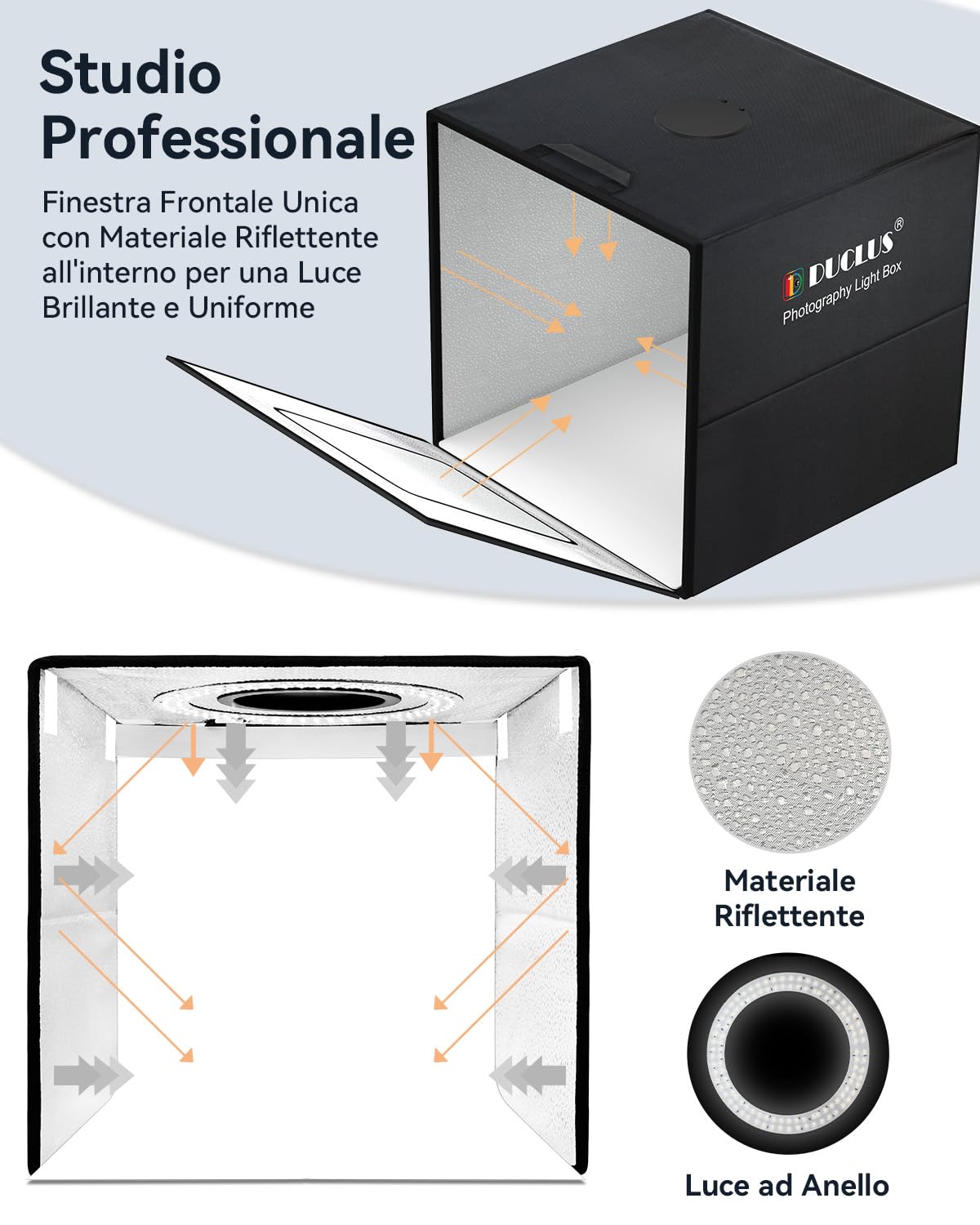 DUCLUS Set Fotografico 40 x 40 cm la Light box Rinnovata da 18W, Kit Scatola Foto Potenziato con 160 LED a 5500K e Connessione Type C, 8 Sfondi Fotografici per la Fotografia di Prodotto