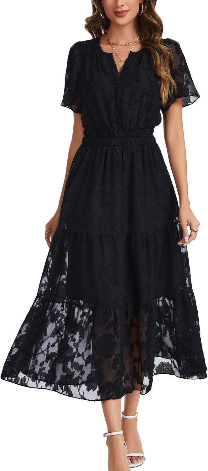 Kormei Womens Summer Casual Maxi Dresses Short Sleeve V Neck Elastic Waist Boho Beach A Line Long Flowy Dress Pockets
