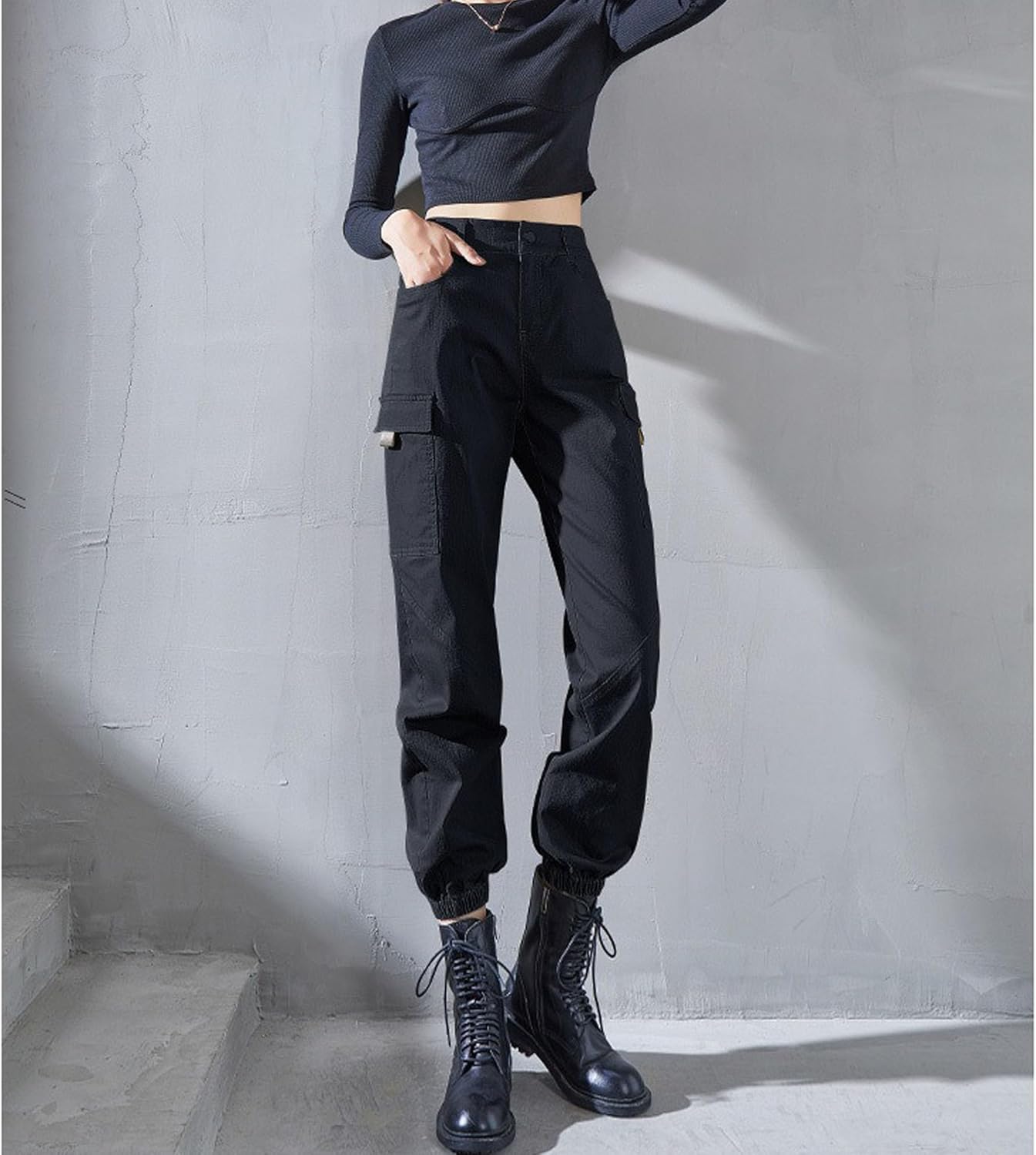MEINVQIAOTI Streetwear Plain Functional high Waisted Cargo Pants Casual Jogger Drawstring Hiking Cargo Pants for Women