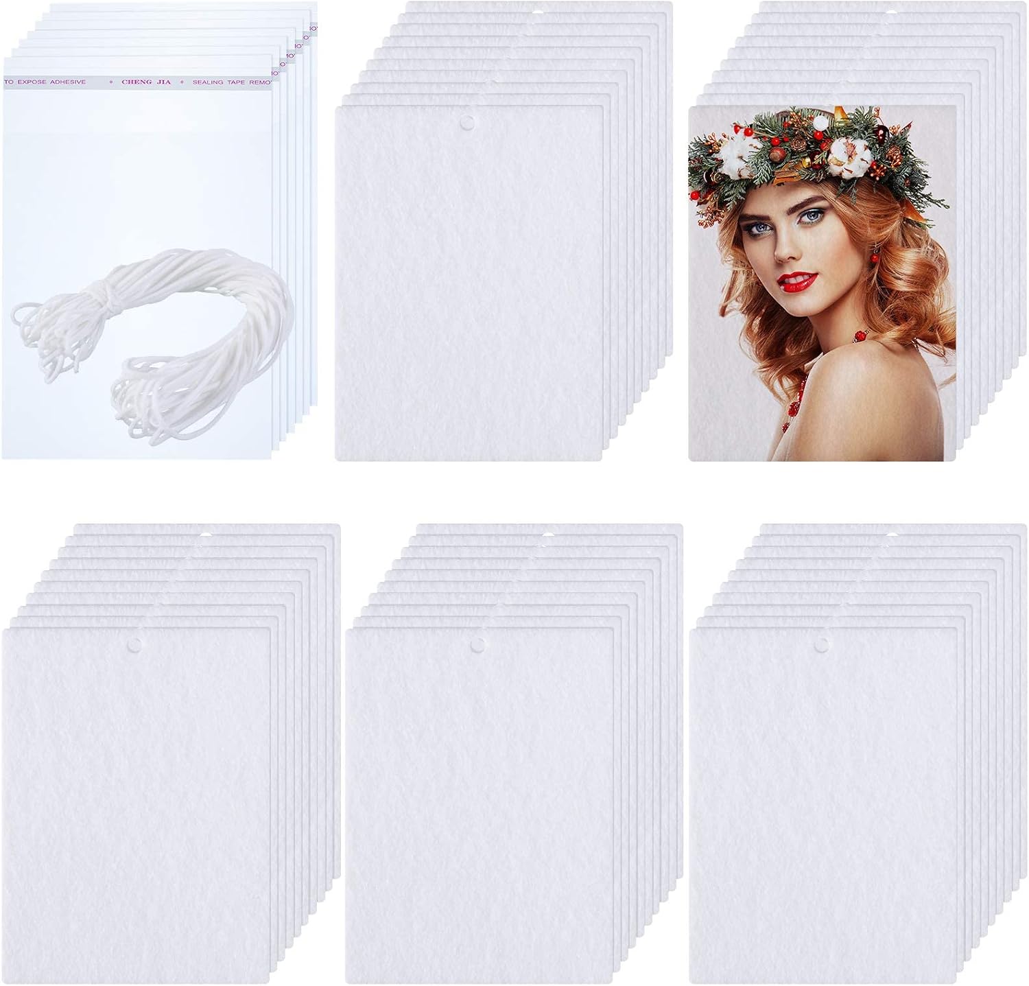 50 Pieces Sublimation Air Freshener Blank Sheets Car Scented Hanging Sheets Felt Air Freshener White Fragrant Sheets with 100 Pieces Bags and Elastic Rope for Car Interior Use and Decor