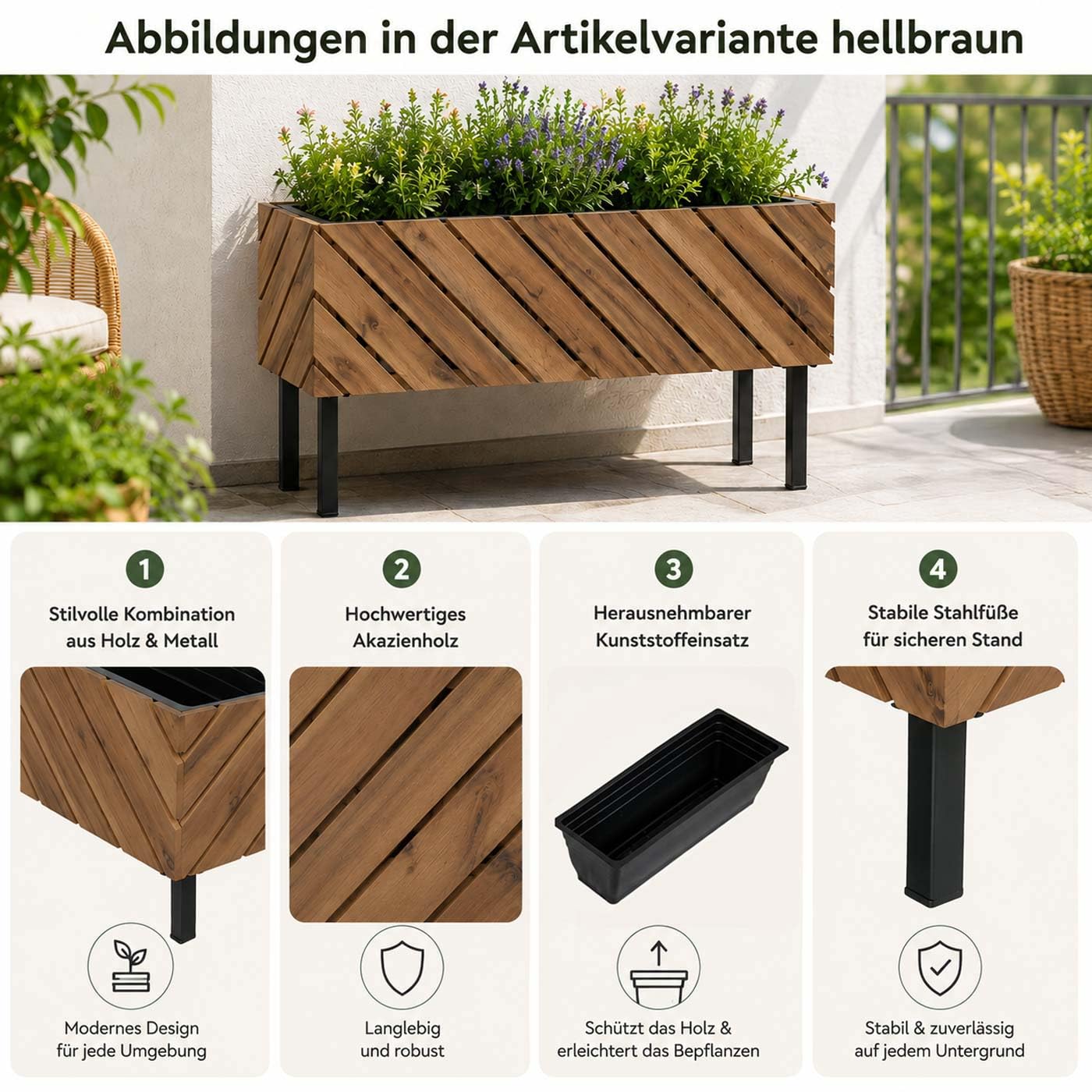Mendler Pflanzkasten HWC-P87 36x62x22cm Akazie - Hellbraun | Blumen-/Pflanzkübel, Blumenkasten, In-/Outdoor, Holz, FSC®-Zertifiziert