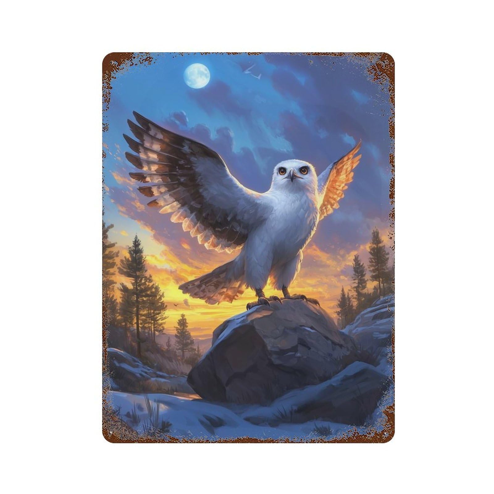 Vintage Metal Tin Sign Snowy Owl at Sunset 15.7"x11.8", Industrial Home Decor for Farmhouse, Kitchen And Entryway Decor