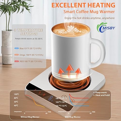 Miniatura 2 de Misby Calentador de tazas, calentador de café y calentador de tazas para escritorio con 3 ajustes de temperatura, encendido y apagado automático por