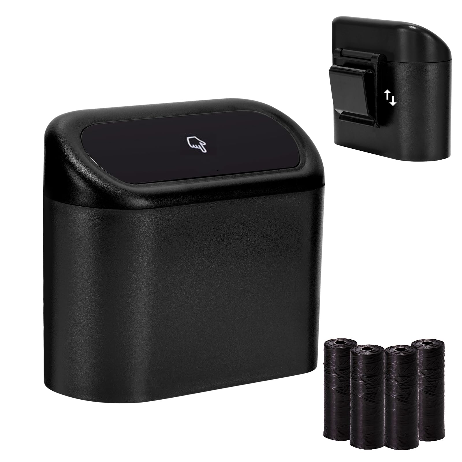 Ginsco Mini Car Trash Can with Lid, Small Car Garbage Can, Cute Leakproof ABS Car Trash Bin, Car Accessories for Interior, Garbage Bin for Car, Home, Office with 60pcs Trash Bags Black