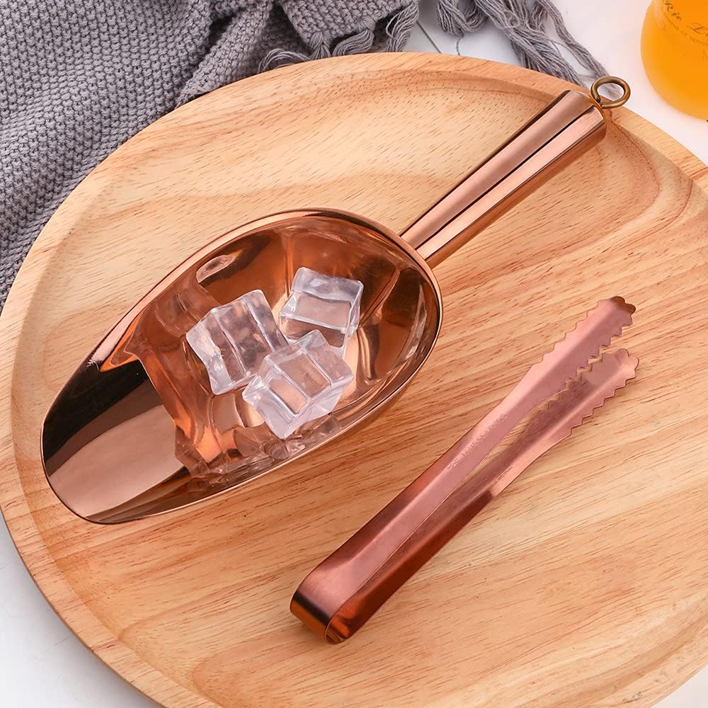 Stainless Steel Ice Scoop and Ice Tongs Small, Round Bottom Bar Ice Utility Scoop, 6 Inches Serving Tongs with Teeth for Large Cubes, Freezer, Ice Bucket Copper, Set of 3 (Rose Gold)