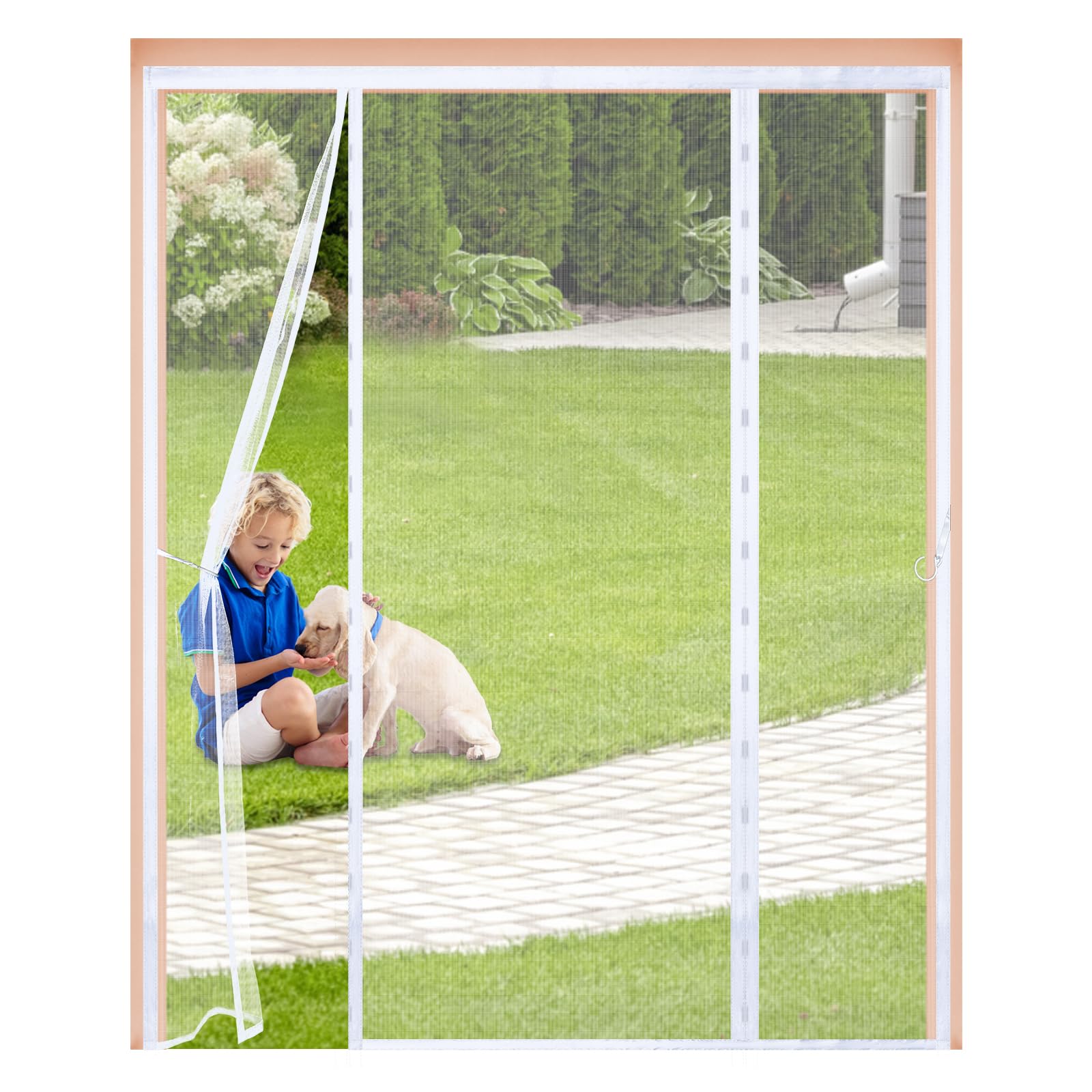 Magnetic Fly Screen for Double Doors 210x195cm,Heavy Duty Mesh Curtain with Side Hooks & 4cm Wide Top Magic Tape,Without Drilling,Fly Net for Patio & French Doors,White