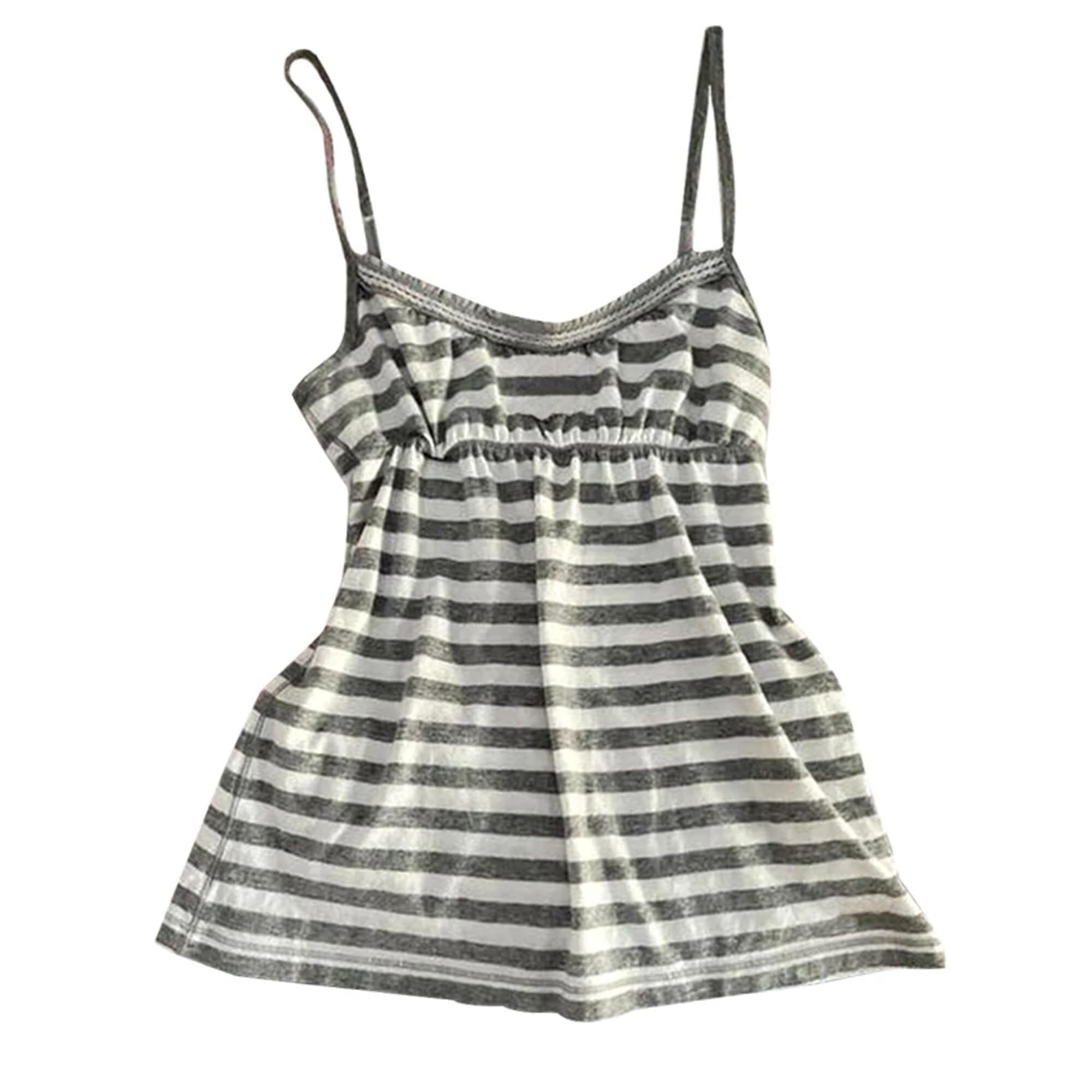 NIUVOO Women 2000s Emo Coquette Cropped Top Grunge Spaghetti Strap Tops Vintage Camisole Y2k Cheetah Tops Streetwear(Grey Striped,Small)