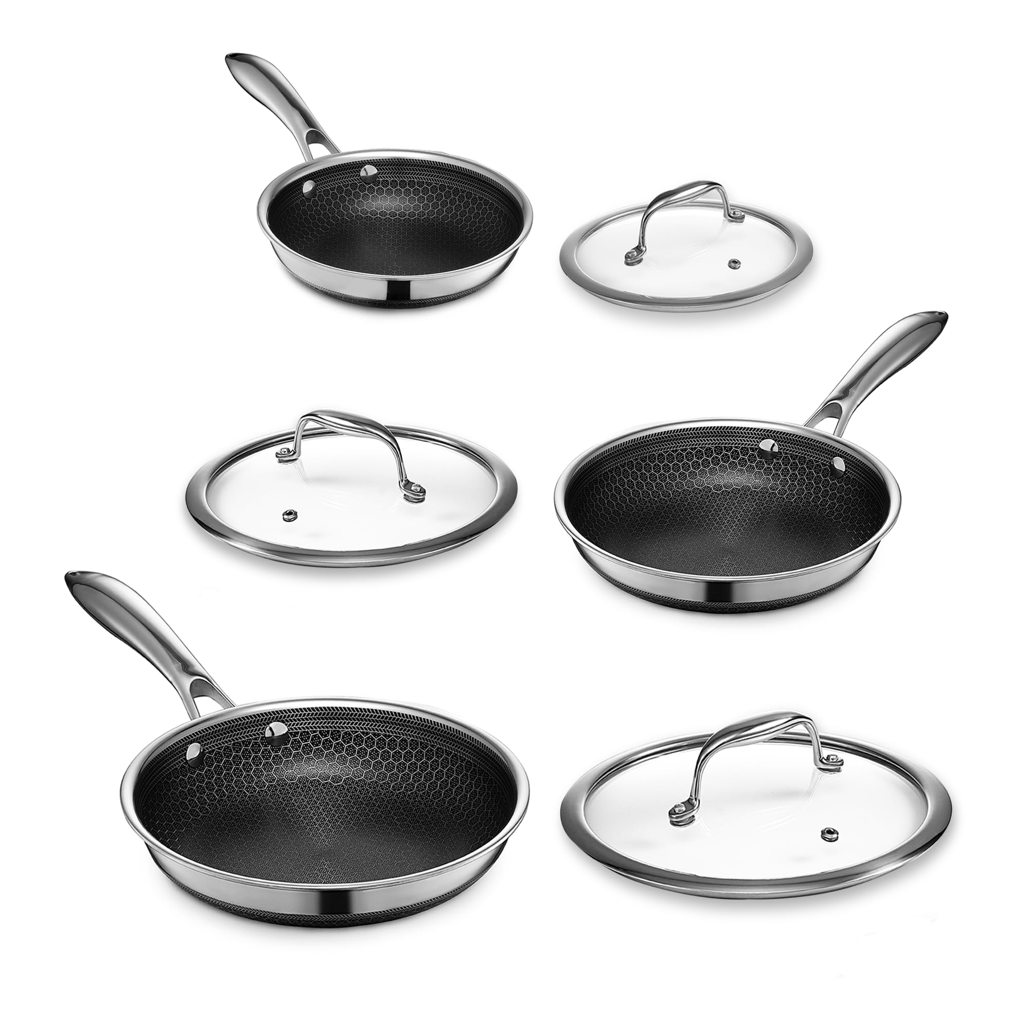 HexClad 6-Piece Hybrid Stainless Steel Cookware Set with Nonstick Coating, 7", 8", 10" Fry Pans with Lids, Dishwasher & Oven Safe