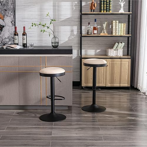 Miniatura 7 de CIMOO Juego de 3 taburetes de bar redondos ajustables para encimera de cocina silla giratoria de altura de bar silla de isla industrial de piel