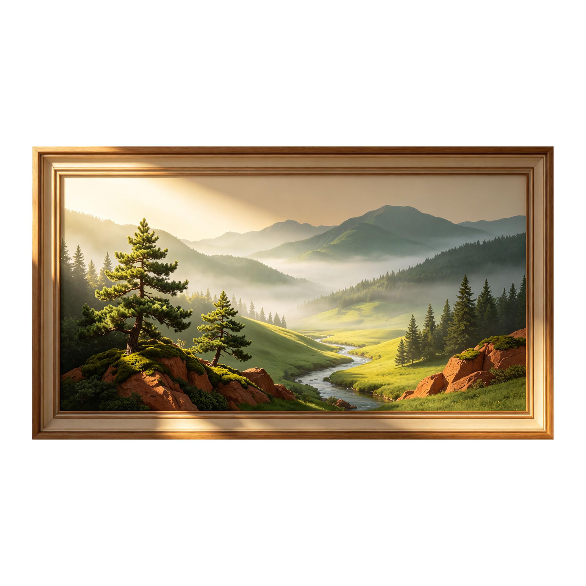 Yzpallescene 3D Framed Wall Art 50cm×100cm Misty Mountain River Landscape Panoramic Nature View Large Size SelfAdhesive Removable Wall Decor Prints Artwork for Living Room Bedroom Office