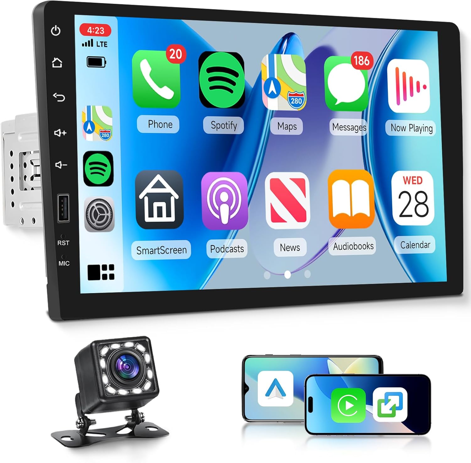 Rimoody Single DIN Wireless CarPlay Android Auto Car Stereo, 9-Inch IPS Touchscreen Bluetooth Receiver with Backup Camera, Steering Wheel Control, Mirror Link, EQ, USB/AUX