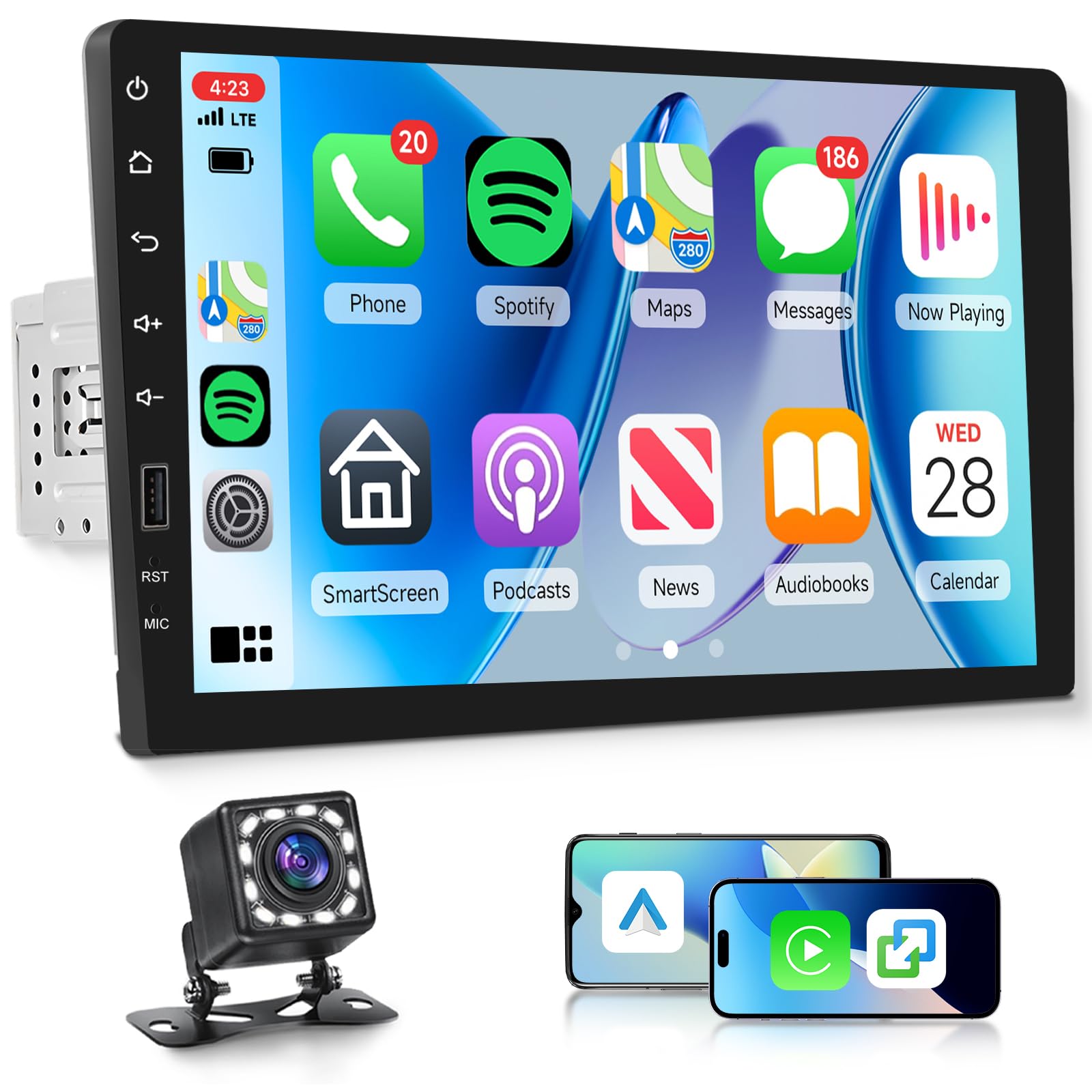 Rimoody Autoradio 1 DIN mit Wireless CarPlay & Android Auto, 9 Zoll Touchscreen, Mirror Link, DVR, Lenkradsteuerung, 12-LED Rückfahrkamera, für Auto