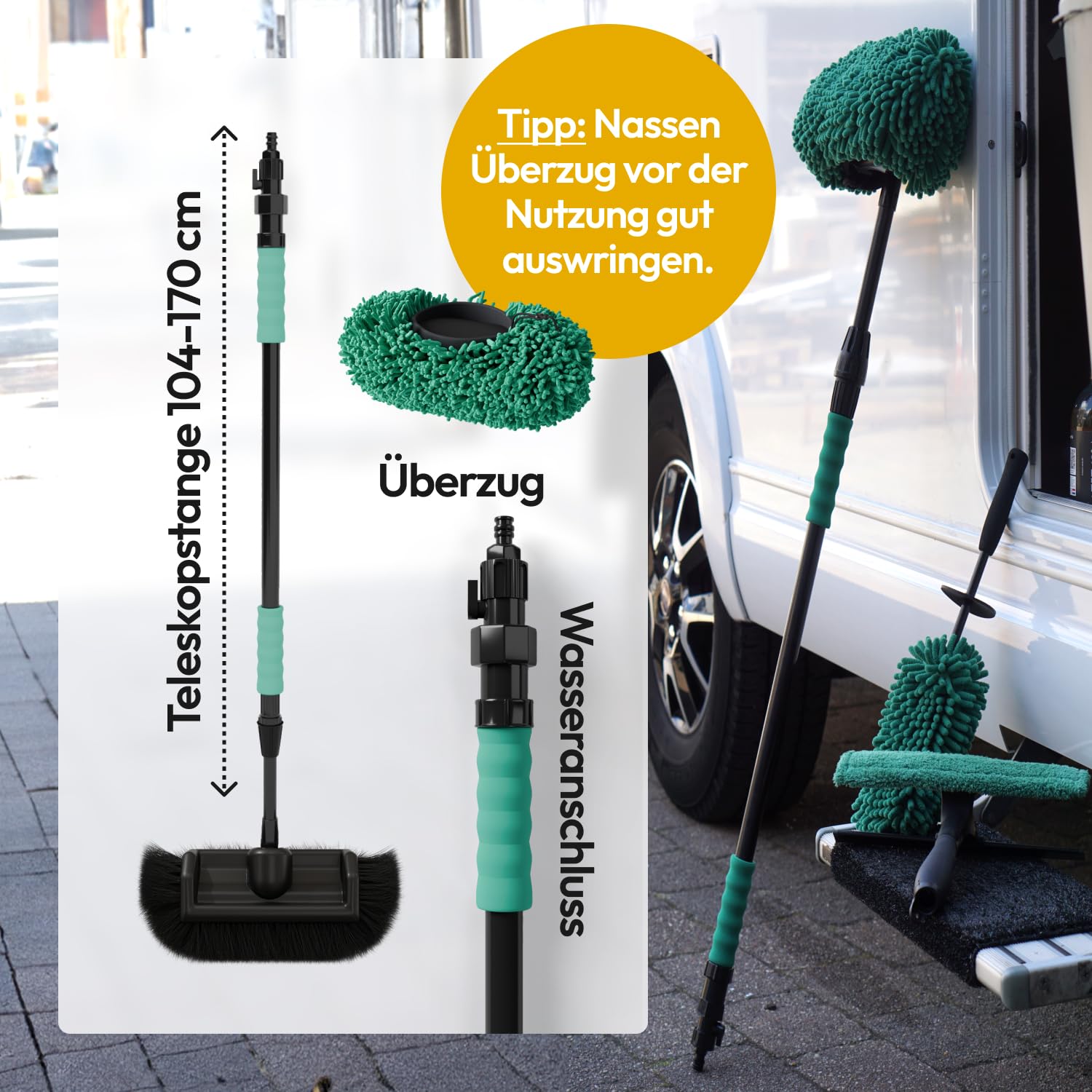 Premium Camper & Auto Reinigungsset - 7-teiliges Caravan- und Autopflege Set für außen inkl. Teleskopbürste, Waschbürstenüberzug, Felgenbürste, Schwamm, Microfasertuch, Wischer & Tasche