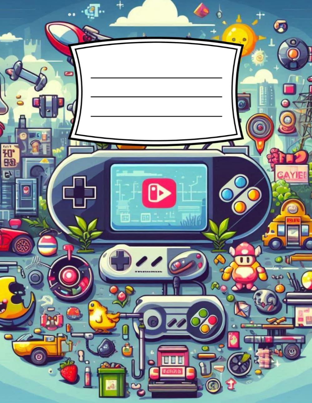 Video games composition notebook: cute school journal for gamer kids, teens, colorful video game design, wide ruled lined paper, 8,5 x 11 inches, 100