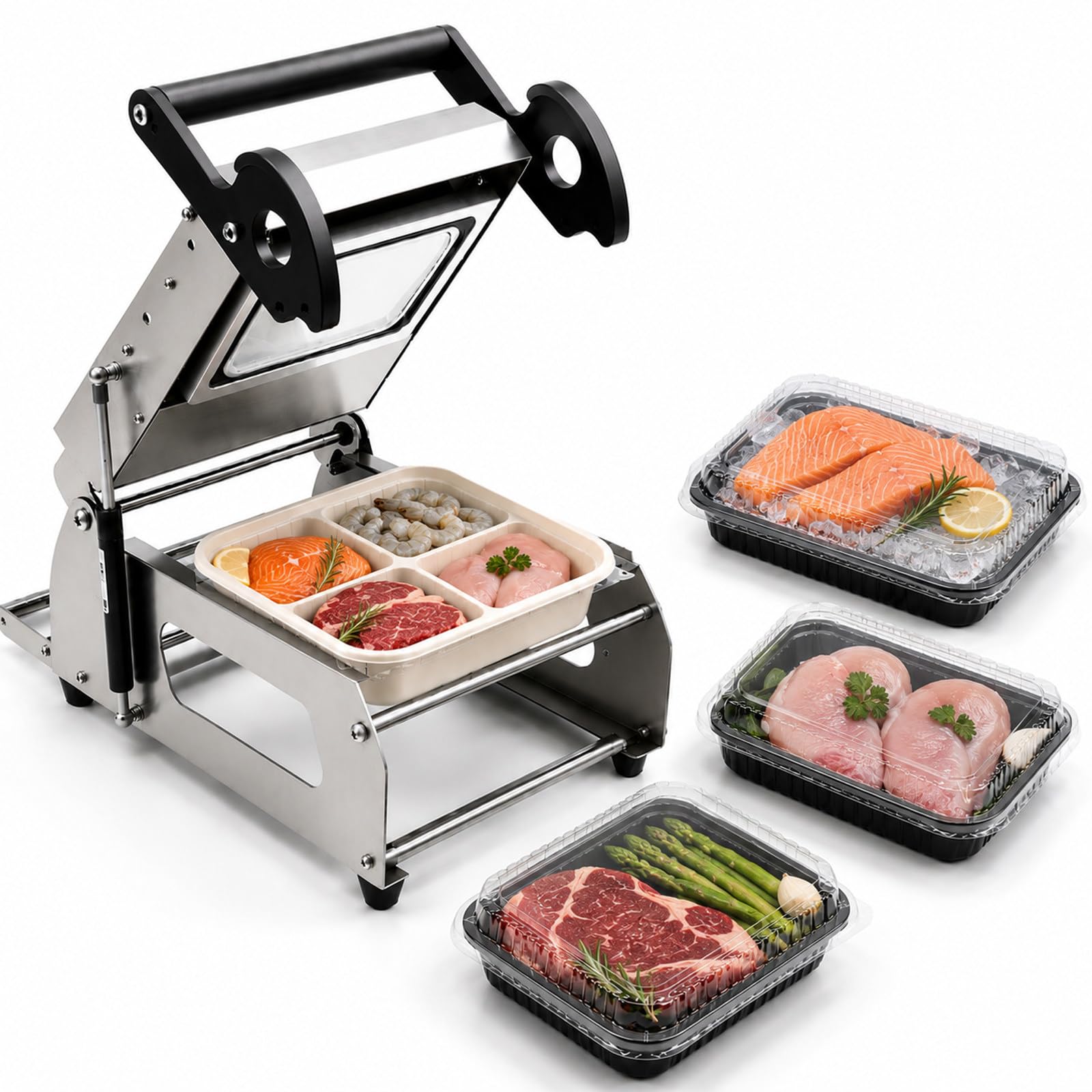 JIYINGHUI Commercial Food Tray Heat Sealing Machine,7–8 Trays/Min,30s Fast Heating,Stainless Steel,Leak-Proof Sealing,for Restaurants Steak Cooked Foods FR160E-180 * 130mm