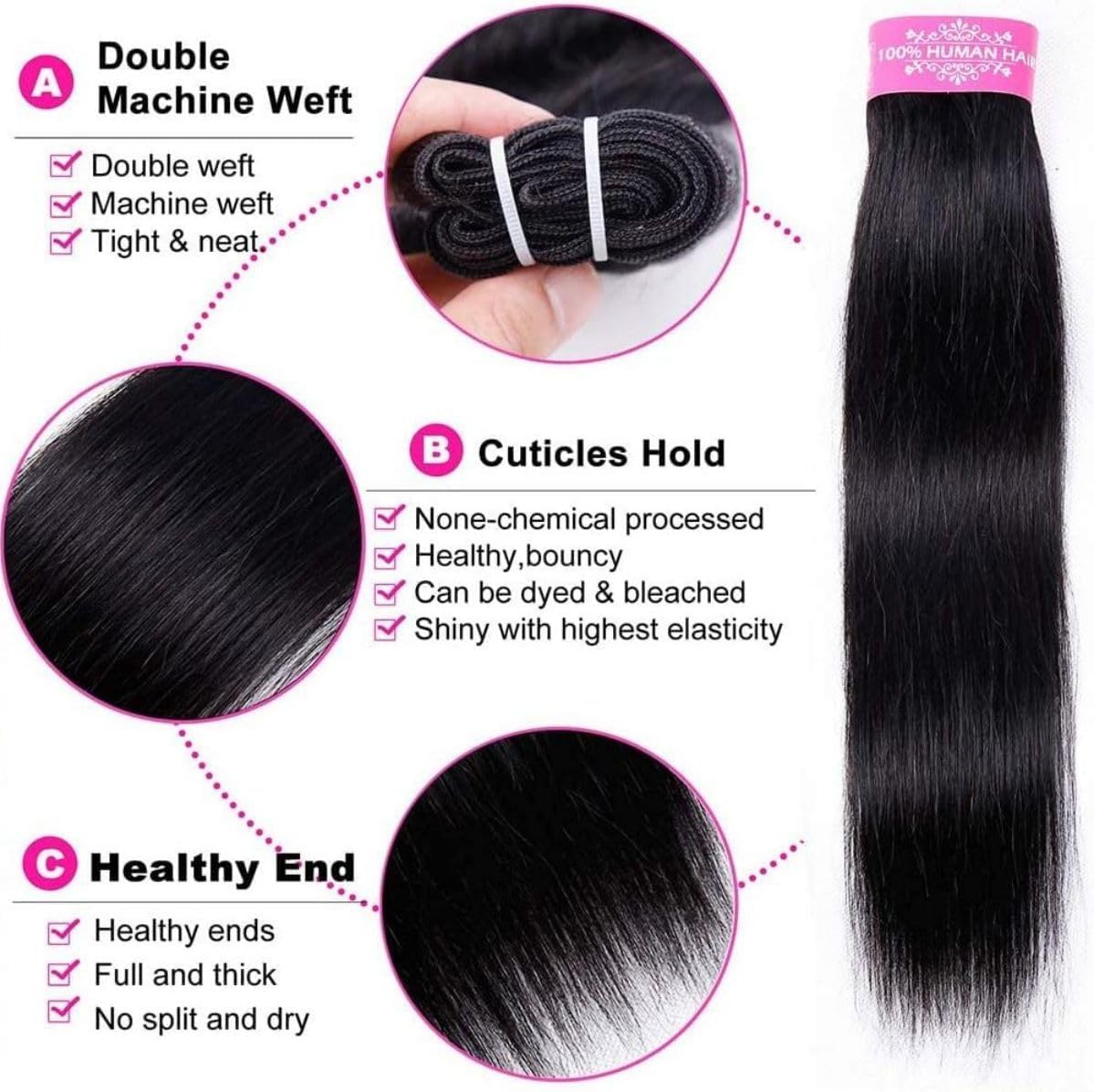 Sexycat Straight Bundles with 13x4 HD Lace Frontal Human Hair 12 14 16+10 Inch 100% Unprocessed Brazilian Virgin Hair Extensions Weave Weft Bundles with Lace Frontal - Image 4