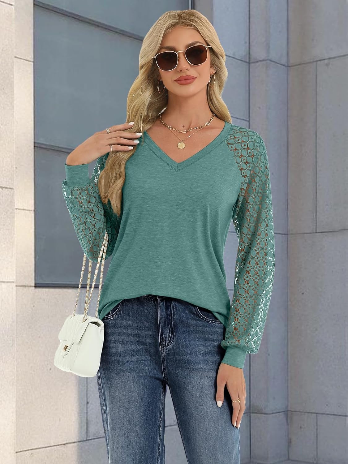 ATHMILE Womens Long Sleeve Shirts V-Neck Lace Tops Business Casual Blouses Tee 2025 Trendy Fall Fashion Outfits Clothes - Image 5