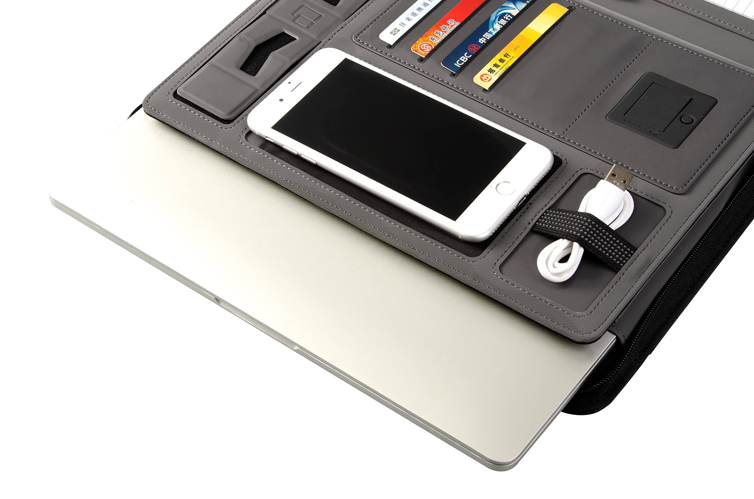 Cartella per conferenze A4 in pelle con cerniera, porta documenti con Powerbank da 8000 mAh e ricarica wireless, organizer per riunioni, viaggi (nero)