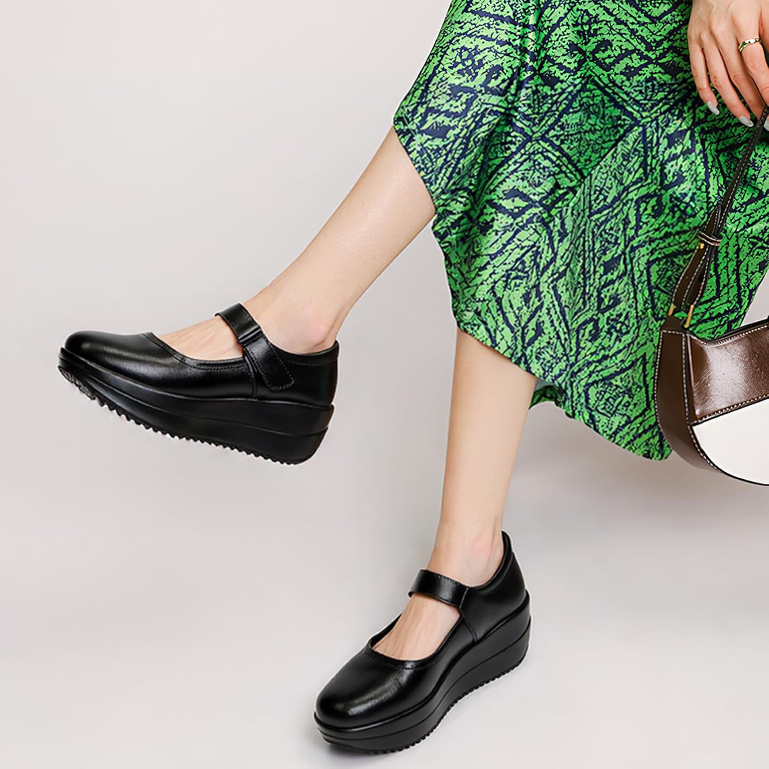 EnllerviiD Women's Mary Jane Shoes - Platform Wedge Round Toe Ankle Strap Comfortable Business Office Work Shoes - Image 3