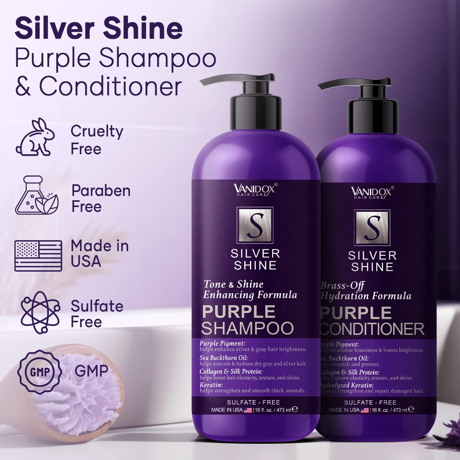 Sulfate Free Brass Toning Purple Shampoo and Conditioner Set for Grey and Silver Hair, Moisturizing & Color-Safe, Enhances Shine & Brightness, Made in USA (16 fl oz each) - Image 2