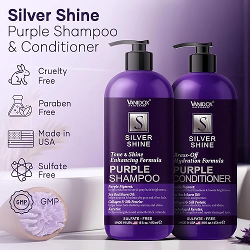 Miniatura 2 de Juego de champú y acondicionador morado sin sulfato para cabello gris y plateado, champú morado tonificante de latón infundido con pigmento morado,