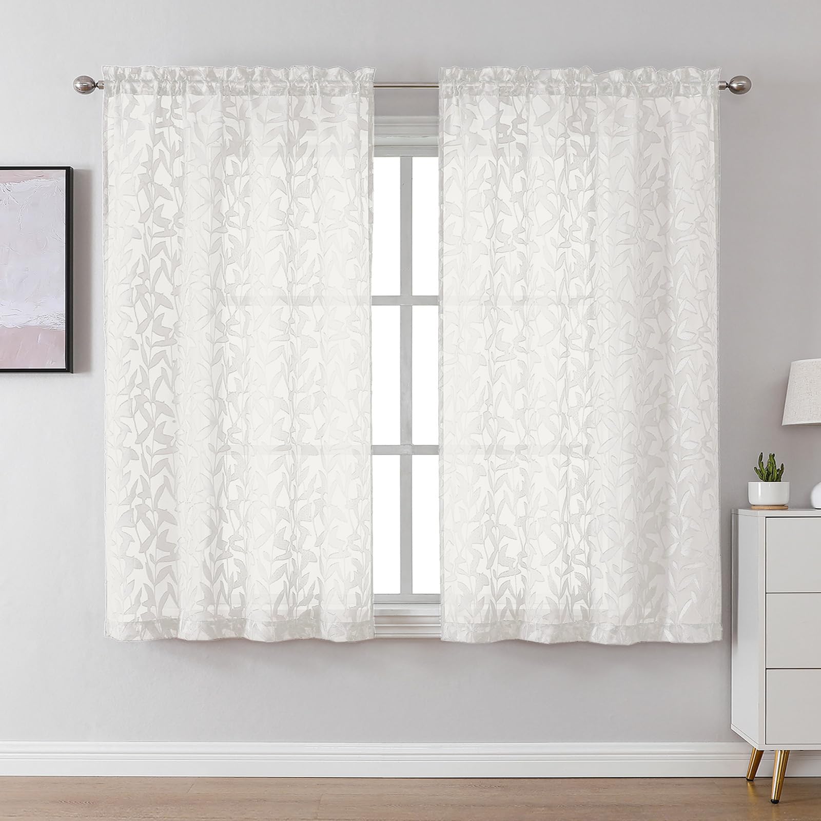 Lecloud Leia Ivory Sheer Curtains 54 Inch Length 2 Panels, Voile Light Filtering Privacy Jacquard Textured Curtains, Dual Rod Pockets Drapes with Leaves for Living Room Bedroom, Each 42" W x 54" L โ image 1