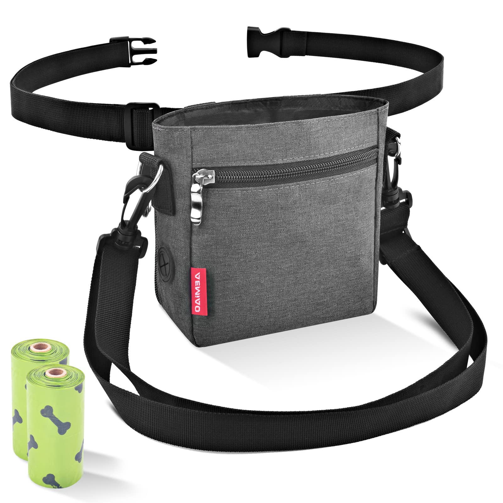 AEMIAO Bolsa Premios Perro con Magnético Apertura y Bandolera Ajustable, Bolsa de Entrenamiento Ligera para Perros con Dispensador de Bolsa Caca para Caminatas al Aire Libre (Gris Claro)