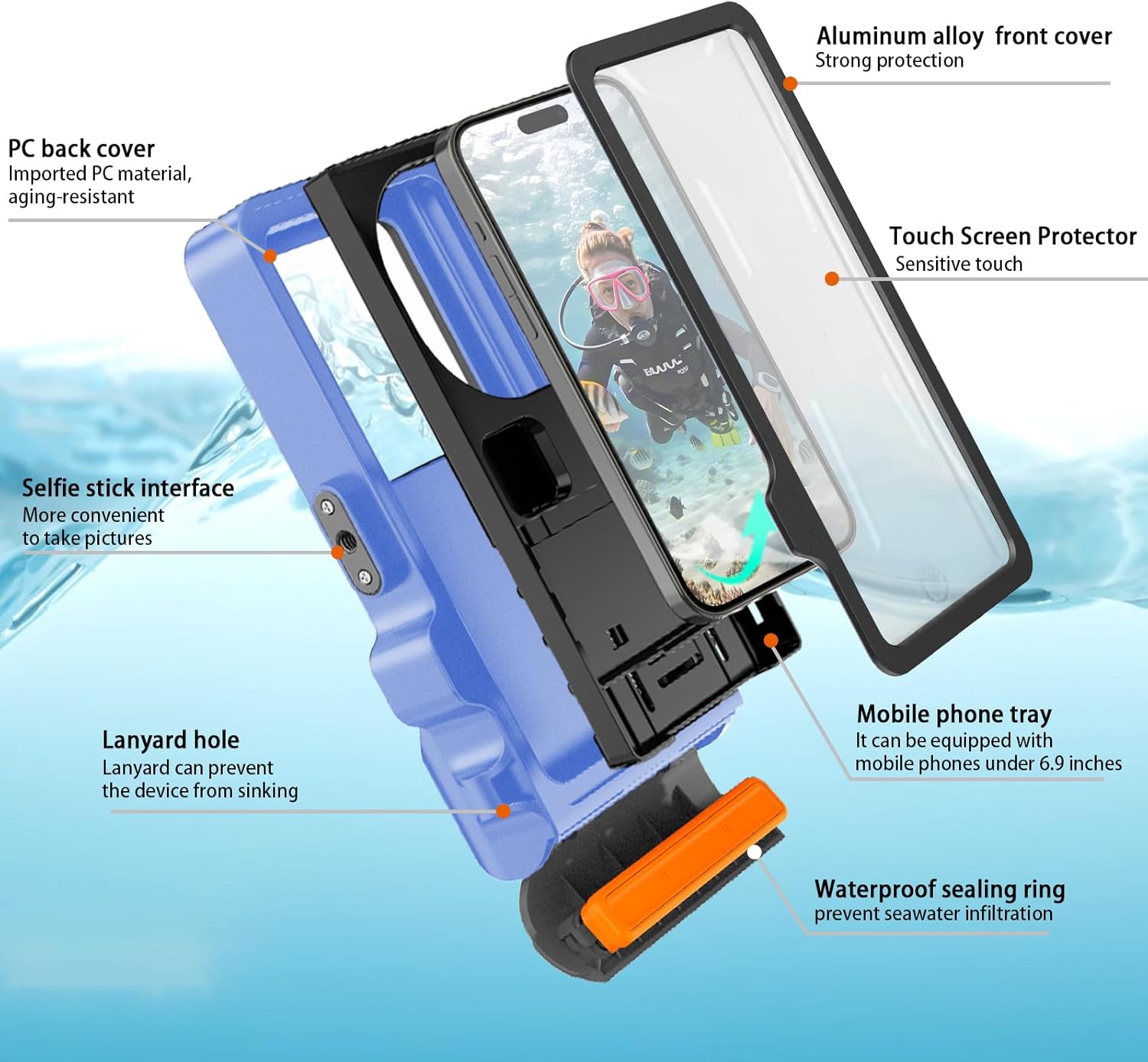 Underwater Phone Case for Snorkeling & Diving (50ft/15m), IP68 Waterproof Case for Swimming, Universal Underwater Touch Screen Case Compatible with iPhone (Blue, 4th Generation Phone Case)