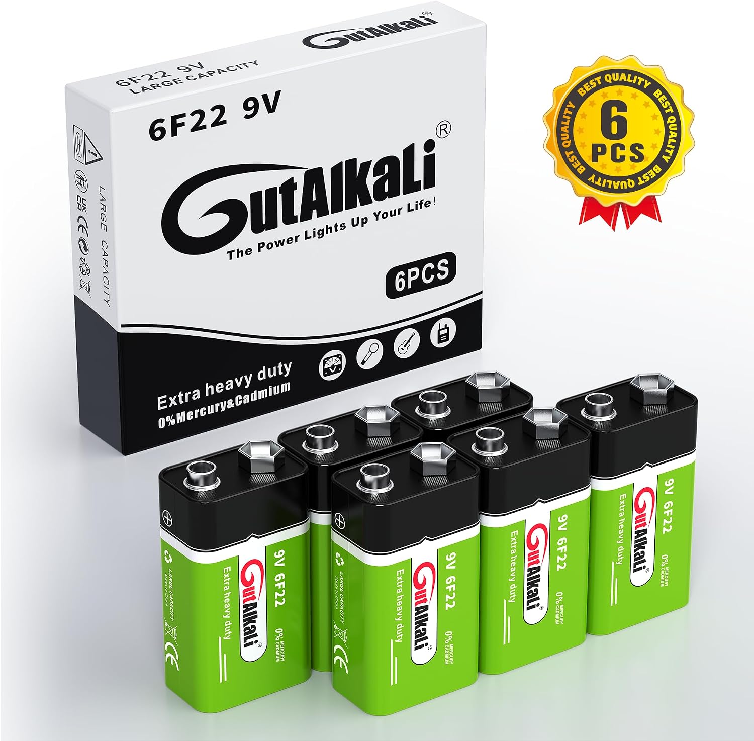GutAlkaLi Batteries 9V Block Battery, 6 Pieces, Longlife Power for Smoke Detectors, Fire Alarms, Microphone 6lr61 6F22 PP3 MN1604