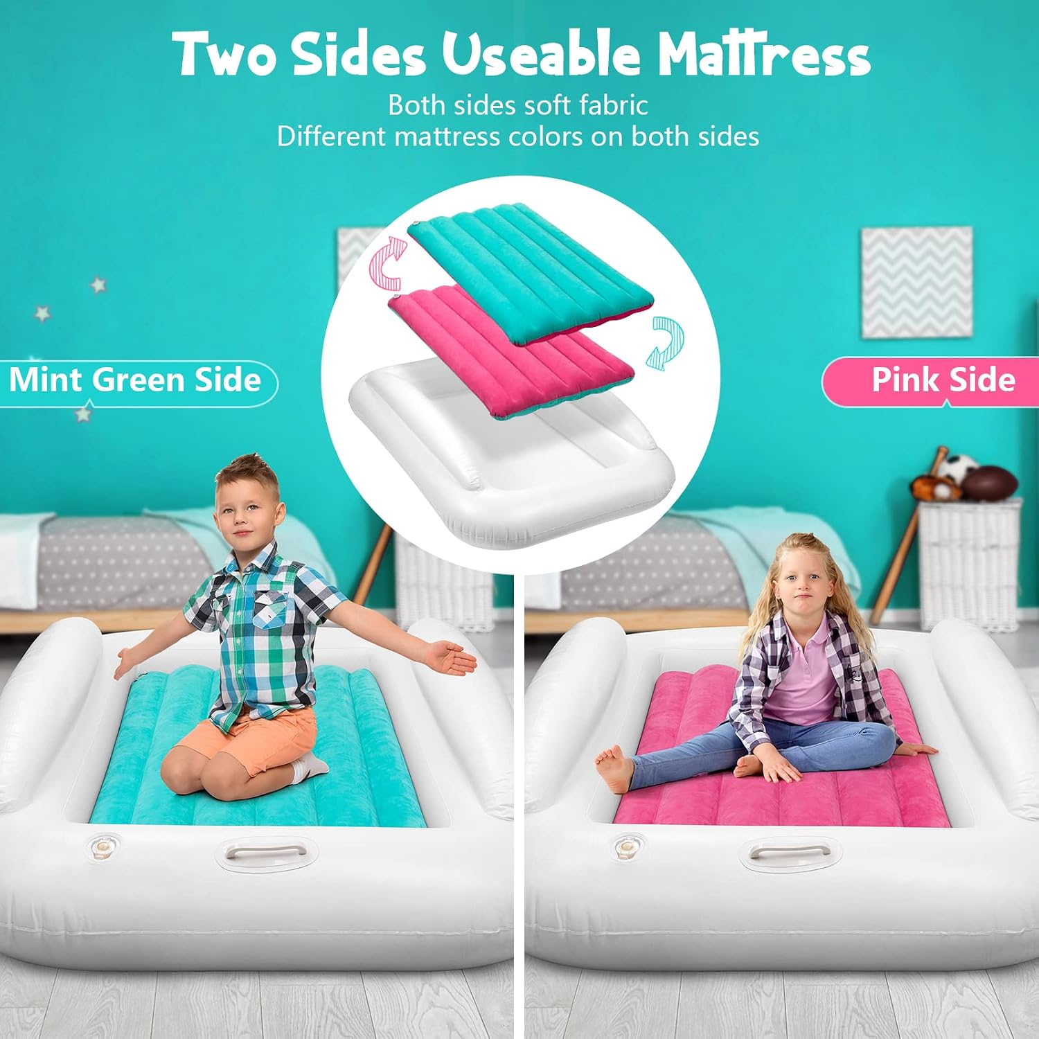 USHMA Inflatable Toddler Travel Bed, Portable Toddler Bed | Kids Air Mattress with Sides | Reversible 2 Colors Kids Blow Up Mattress -Mint Green & Pink