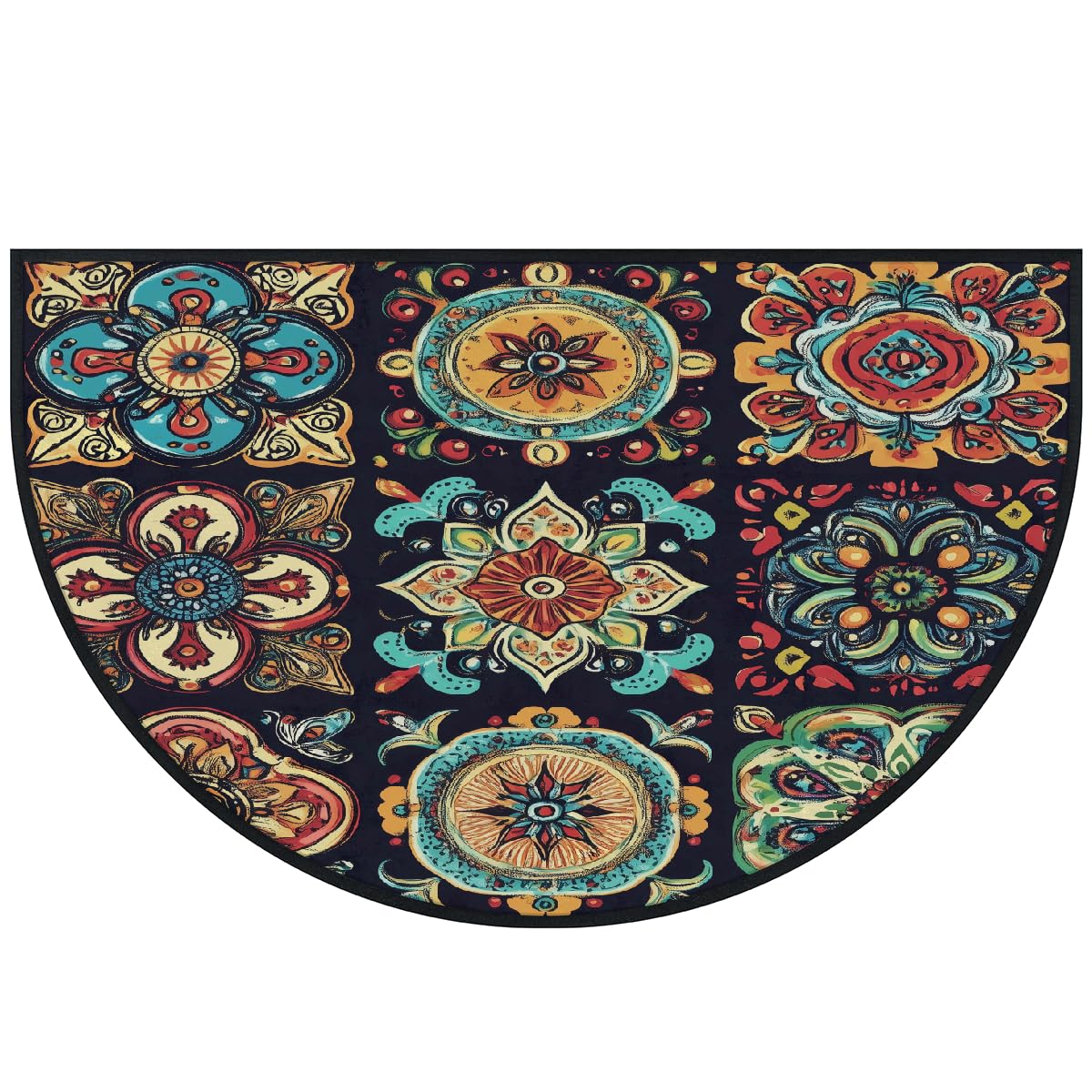 Mexpekil Paillasson mexicain ethnique floral demi-lune pour intérieur et extérieur, antidérapant, lavable, absorbant, anti-saleté, 100 x 160 cm