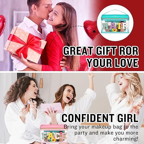 Miniatura 7 de izuzta Bolsas de maquillaje transparentes con letras de chenilla, bolsa de maquillaje de parche preppy con asa, Rostro rosa y pelo-verde