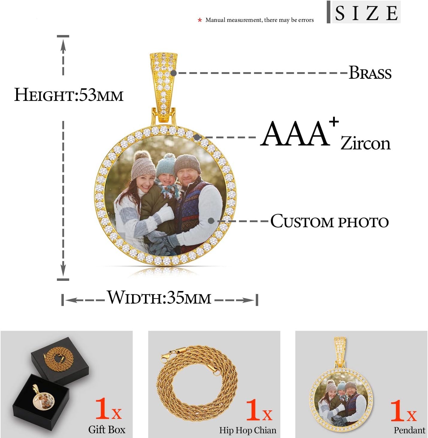 YIMERAIRE Custom Picture Necklace Personalized 18K Gold/Platinum Plated AAA CZ Round Pendant Customized Photo Necklace Memory Chain Necklaces 24" Gold Rope Chain Hip Hop Memorial Necklaces Jewelry