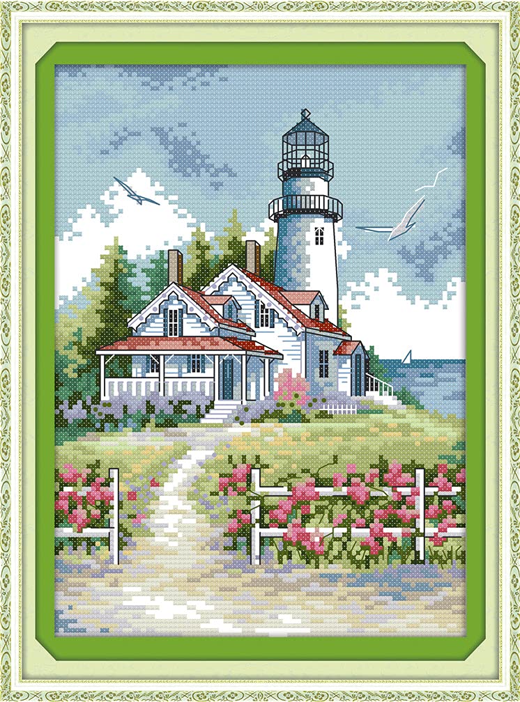 Amiiba Lighthouse Stamped Cross Stitch Kits, Seaside Cottage Garden Flowers Fence Diy 11Ct 10.6X15.3 Inch (Lighthouse)