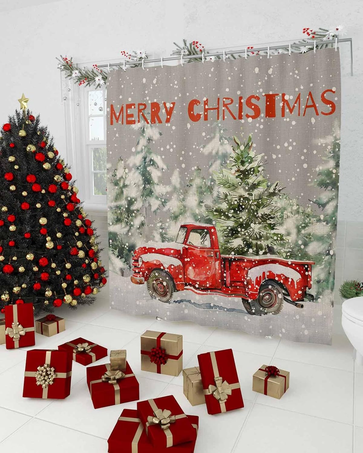 Christmas Red Truck Shower Curtain Set with Hook 72" x 84",Winter Snowy Pine Tree Xmas Grey Washable Cloth Polyester Fabric Shower+Curtain,Waterproof Bath Curtains for Bathroom,Showers,Bathtubs Decor