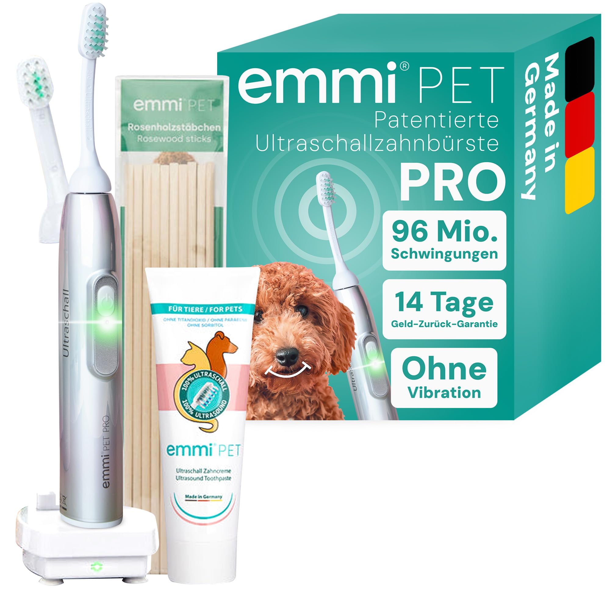emmi-pet Pro Silver Holographic Ultraschall-Zahnbürste für Hunde - Limited Edition - Geräuschlose Hundezahnbürste ohne Schrubben mit 96 Mio. Schwingungen, 12 Tage Akkulaufzeit - Gegen Entzündungen