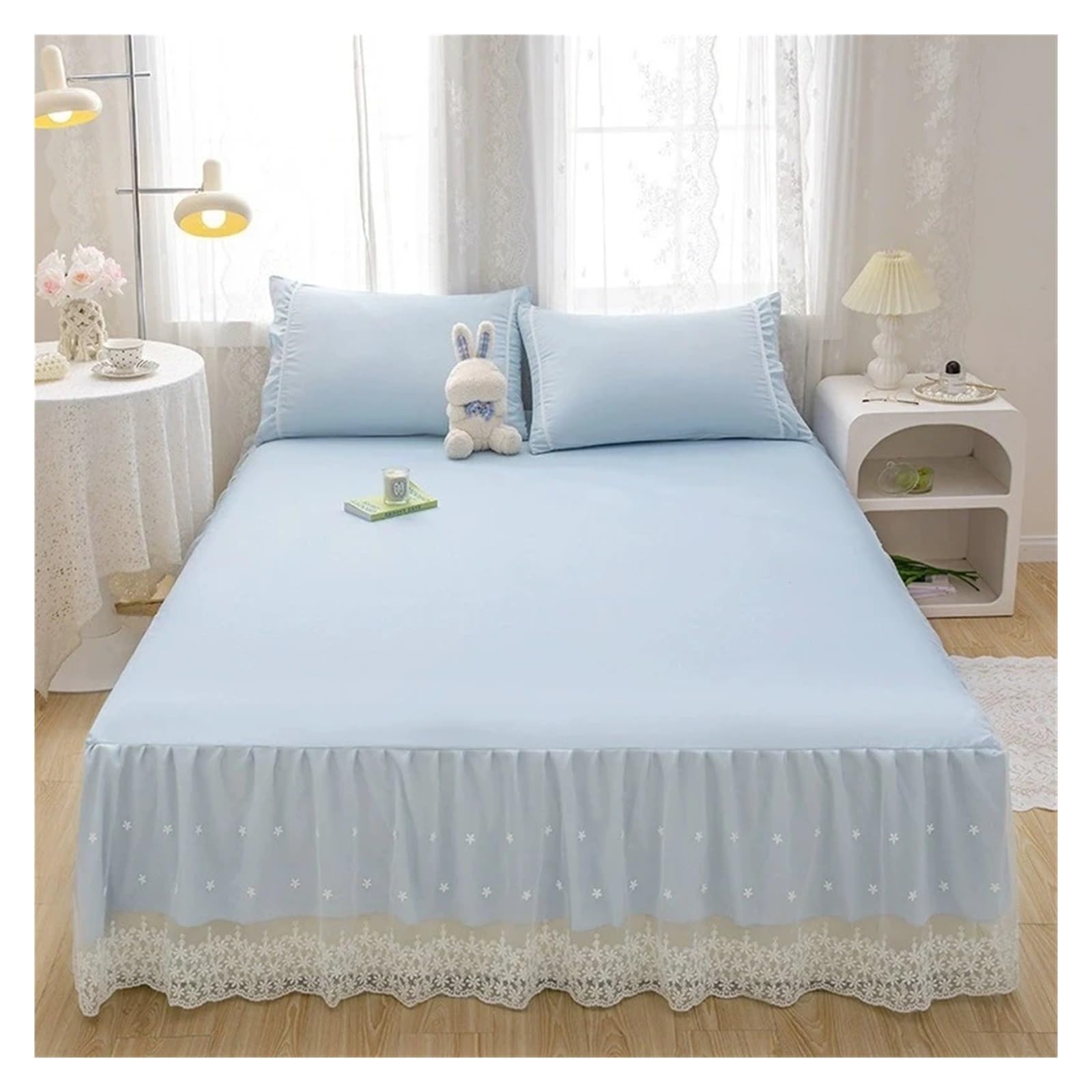 Gonna del letto Copriletto in pizzo con balze, elegante gonna da principessa rosa, design a strato singolo, morbido e delicato sulla pelle per telaio letto(Pink,1PC-180x200cm)