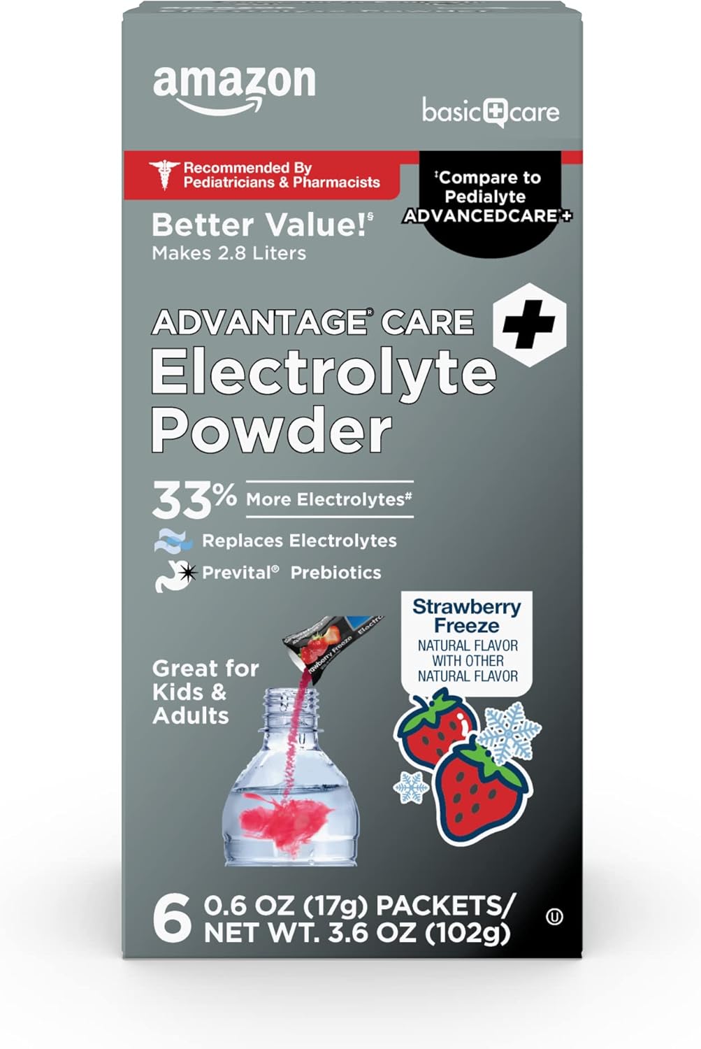 Amazon Basic Care Advantage Care Electrolyte Powder Packets for Rehydration, Strawberry Freeze, 3.60