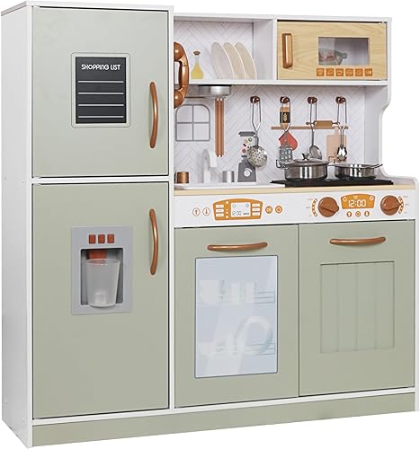 Miniatura 9 de Juego de juguetes de cocina de madera con luz, juego de cocina de juguete de simulación para niños, horno de juguete para fregadero con microondas,