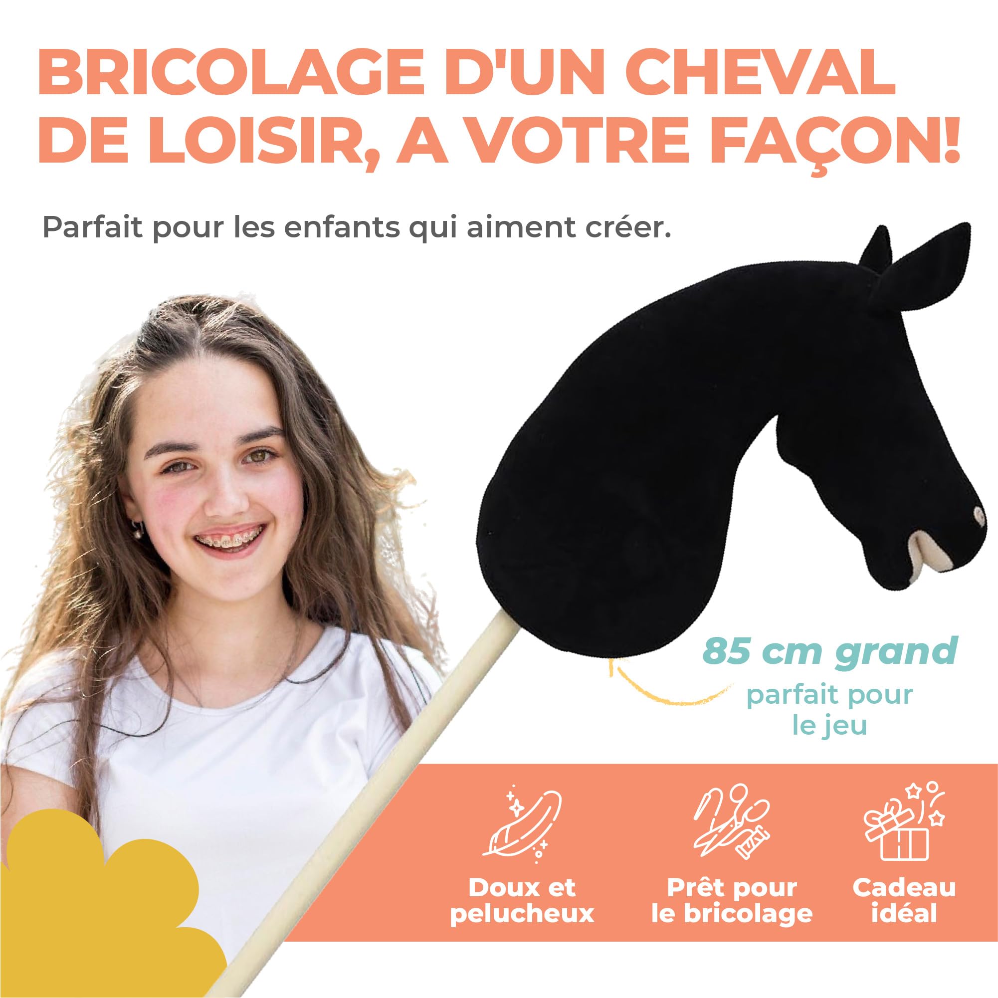 Panduro DIY Hobby Horse | Cheval à Baiser – Cheval Non décoré avec Tige en Bois | Cheval bâton sans roulettes, sans Son | Longueur 85 cm | Friesian