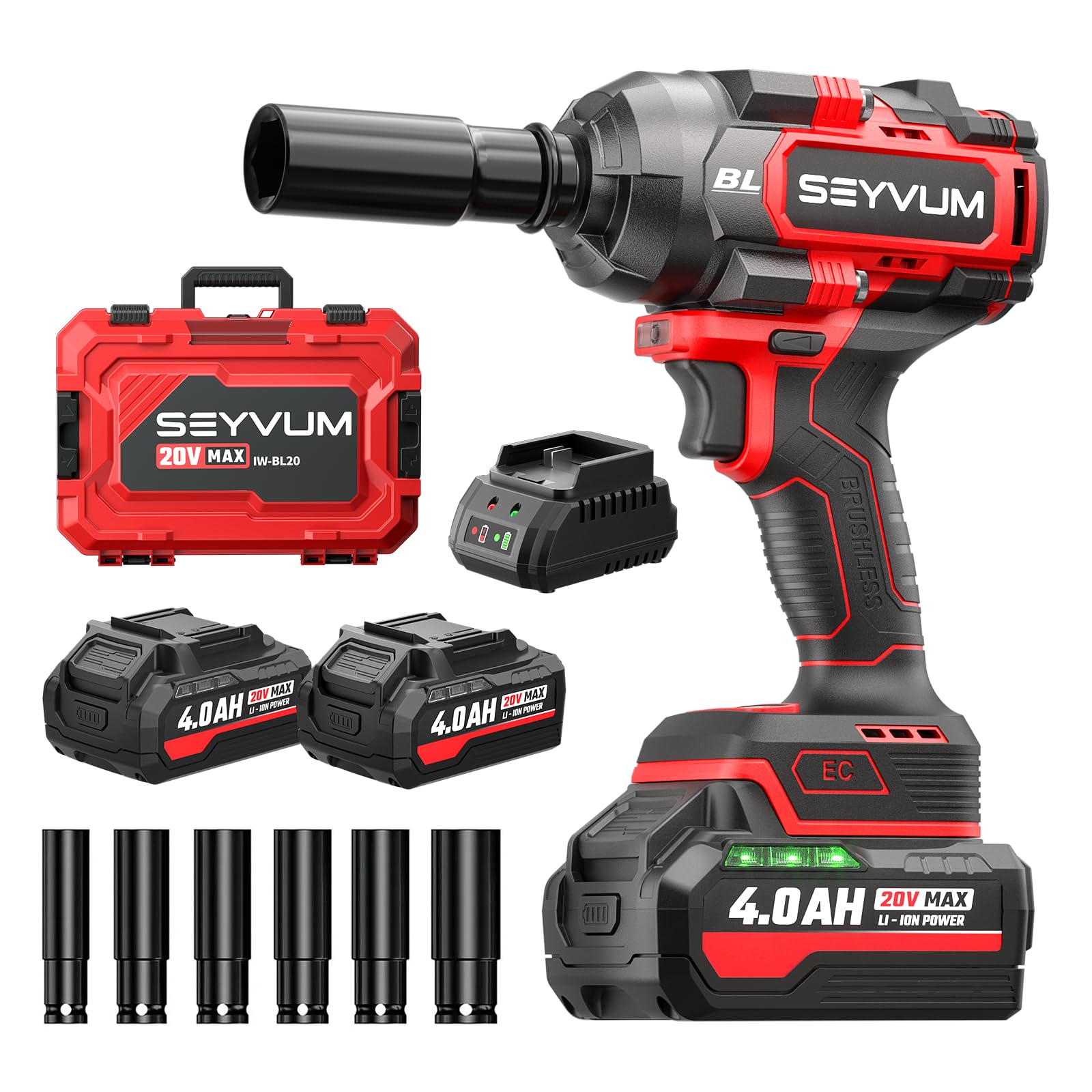 SEYVUM Cordless Impact Wrench, 1/2” Max Torque 900 Ft-lbs / 1200 N.m Powerful Impact Gun, 20V 3500RPM Electric Impact Driver, 2 x 4.0Ah Battery & Fast