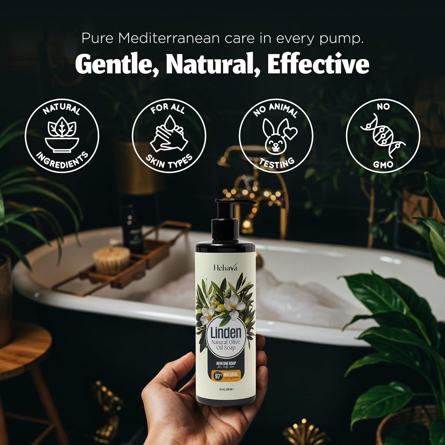 Hekaya Natural Olive Oil Liquid Soap – Linden Scent | Handmade, Vegan, Sulfate & Paraben Free | Gentle Face, Hand & Body Wash | Moisturizing Castile Cleanser | 13.5 fl oz Pump Bottle - Image 3