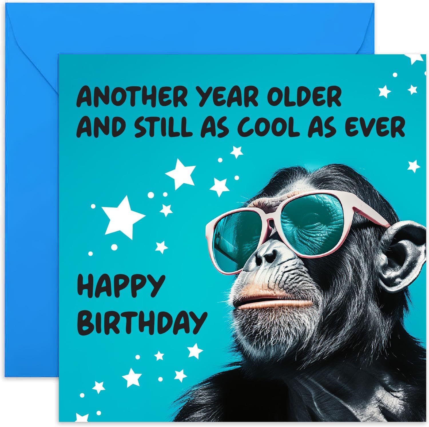 Old English Co. Funny Chimp Birthday Card for Men - 'Another Year Older And Still Cool' For Male Friend Birthday - Silly Monkey Birthday Card for Him - Son, Brother, Dad | Blank Inside Envelope