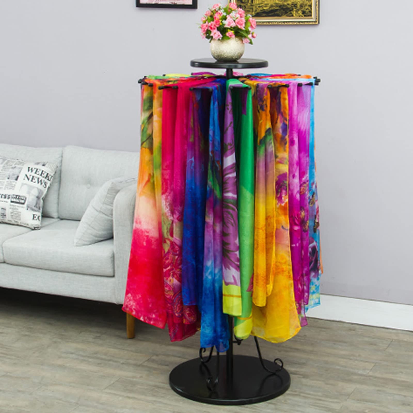 UWYTGF Black Floor Standing Swivel Scarf Hanger Rack,Holds 30/45 Belts - Hanging Twirl Ties Shawls Display Holder for Closet Organizer,Bedrooms,Mudrooms&Dorm Room,Diameter 70Cm/27.5