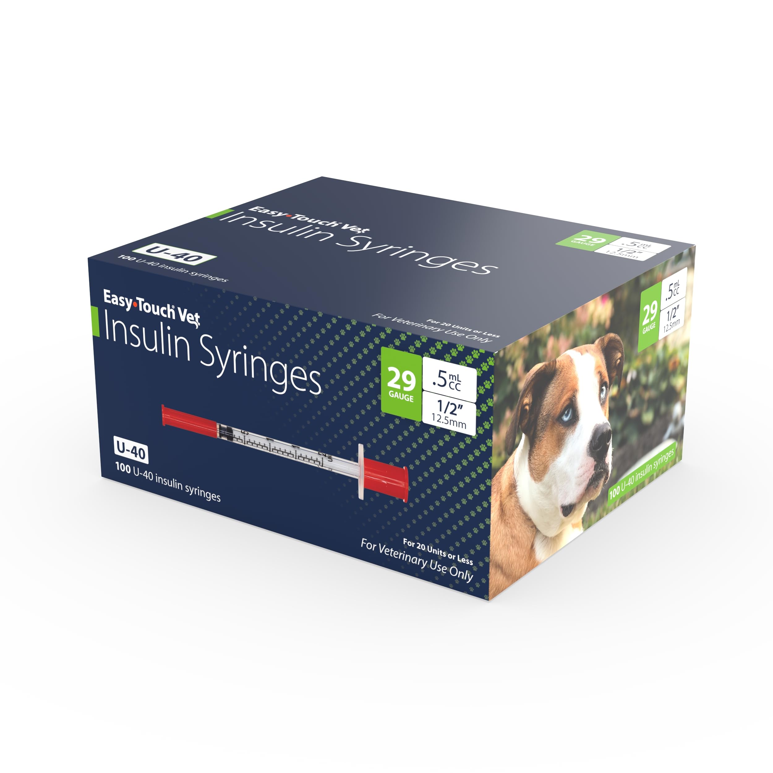 Easy Touch Pet U-40 Insulin Syringes for Dogs & Cats – 29G 0.5cc 1/2", Half-Unit Markings, Compatible with U-40 Insulin, Box of 100 (For Animal Use