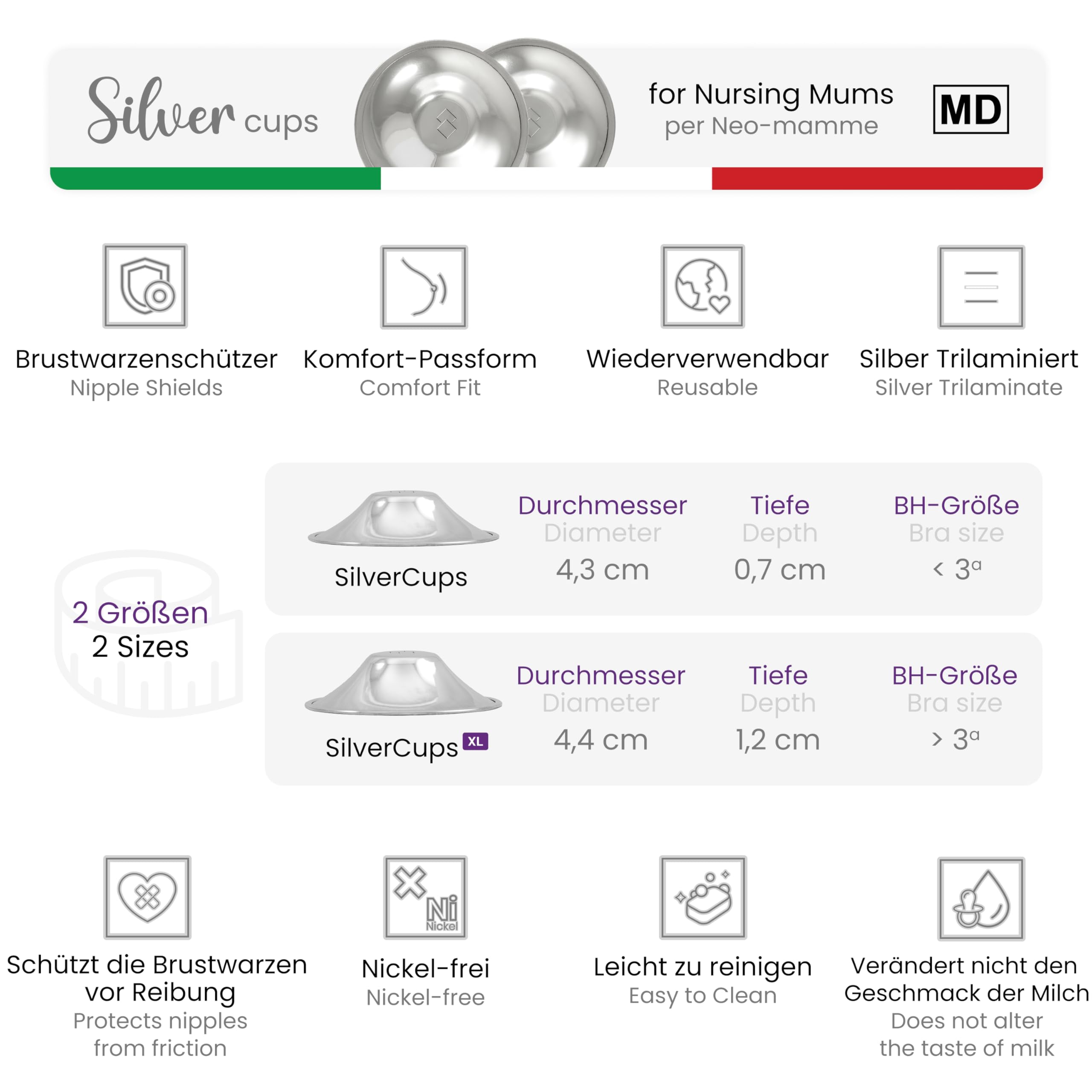 COVERbasics Silberhütchen Stillen (SilverCups) Stillhütchen aus Silber zum Schutz empfindlicher Brustwarzen, Medizinprodukt dermatologisch getestet (Regular)